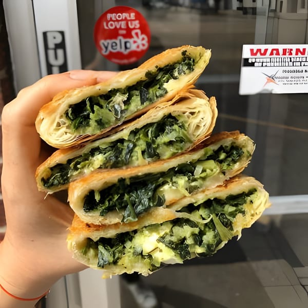 Hand holding four stacked, golden-brown spinach and cheese pastries, with a blurred storefront in the background.